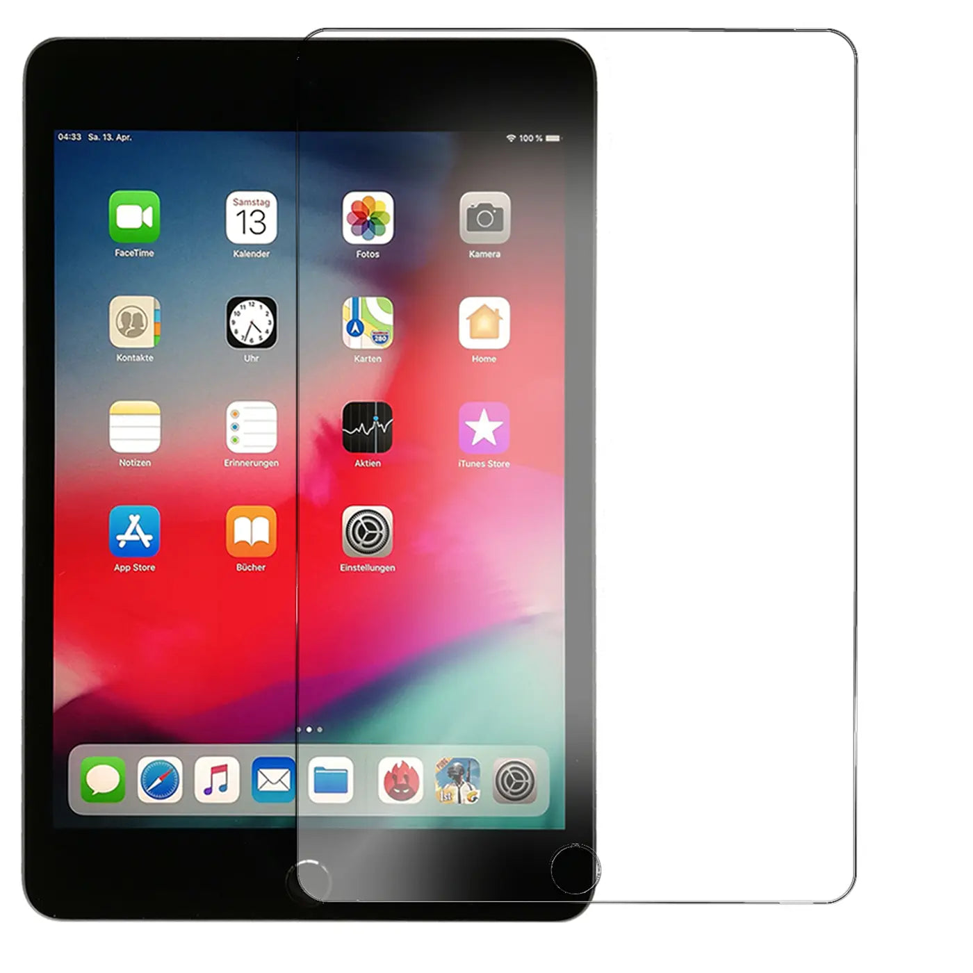 Klares Panzerglas für iPad mini (5. Gen.) von vorne, halb auf dem Display, halb daneben.