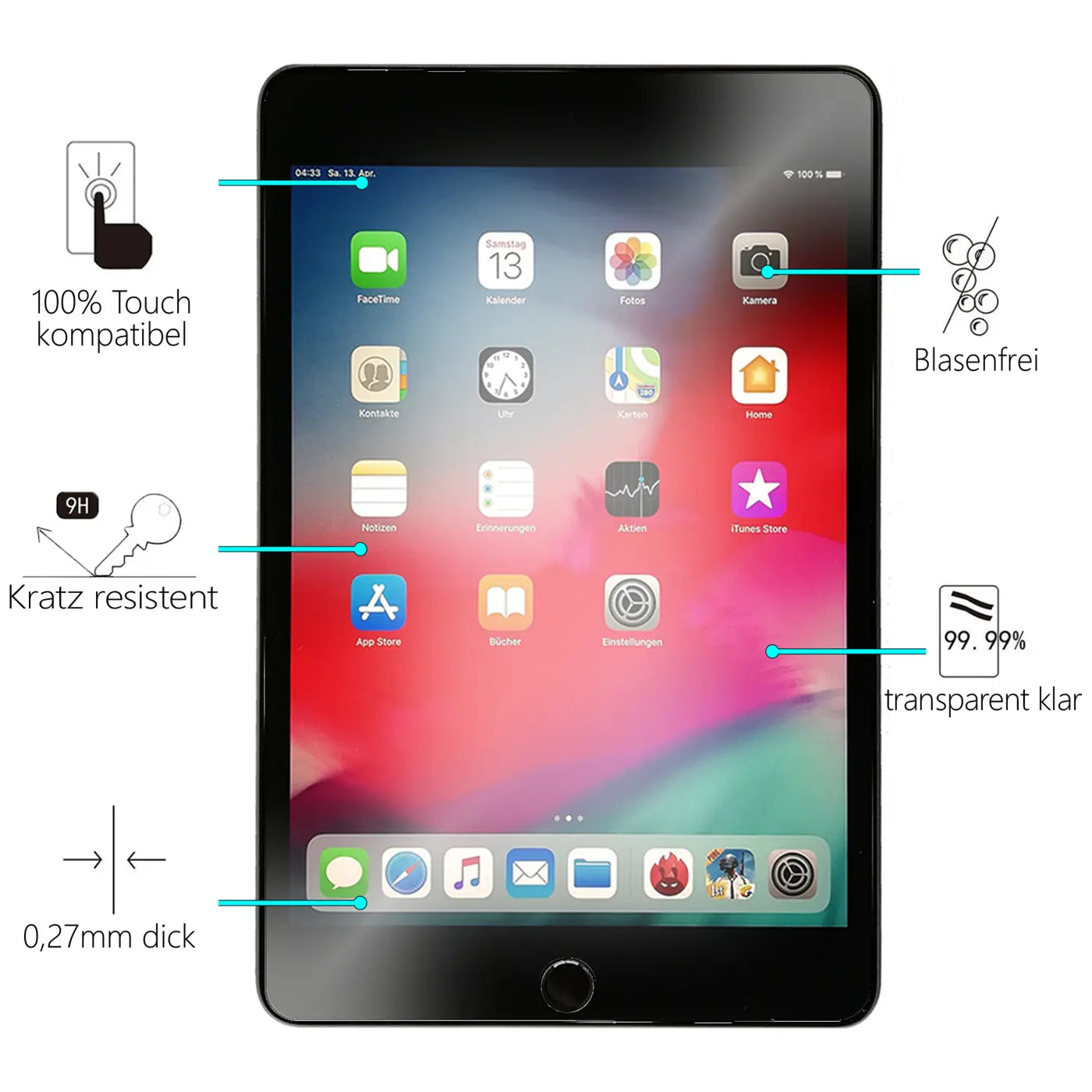 Schwarzes iPad mini (5. Gen.) von vorne mit farbigem Homescreen und blauen Linien zu Produktmerkmalen.