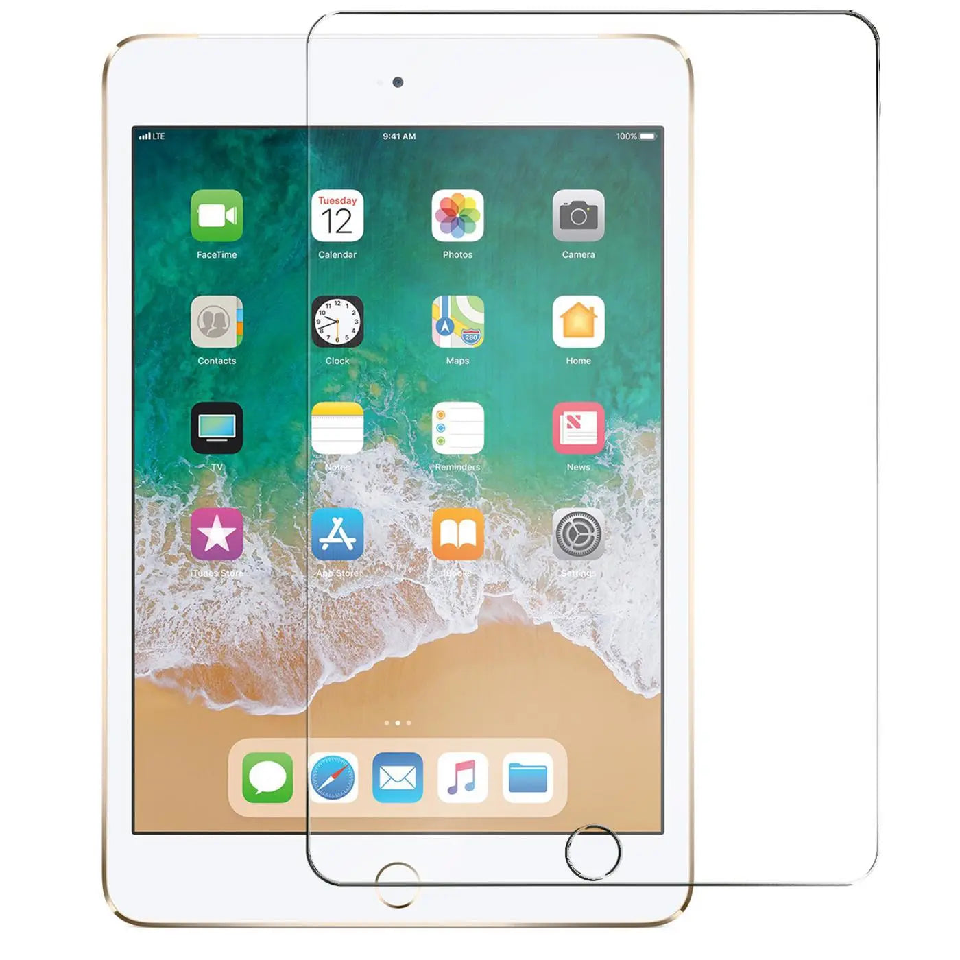 Klares Panzerglas für iPad mini (1.–3. Gen.) auf weißem Hintergrund, von vorne gesehen, leicht nach rechts versetzt.