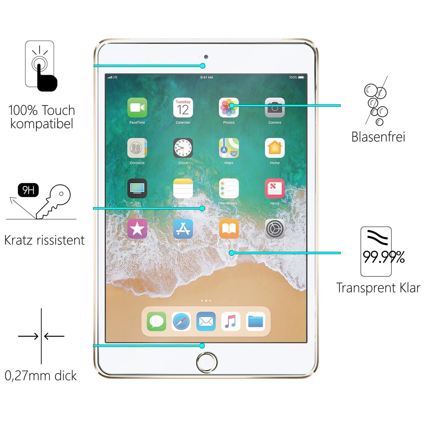 Goldenes iPad mini von vorne, mit Display-Schutzfolie und blauen Linien, die auf Produktmerkmale verweisen.