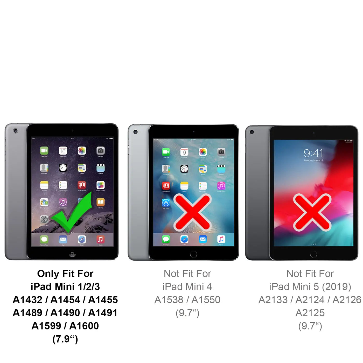 Drei graue iPad mini Tablets von vorne: links mit grünem Haken (passt), Mitte und rechts mit rotem X (passt nicht).