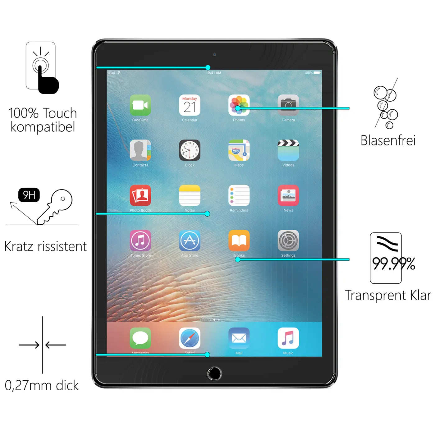 Schwarzes iPad Pro 10,5" mit Display-Schutzfolie, frontal, umgeben von Icons für Eigenschaften wie "Kratz resistent".