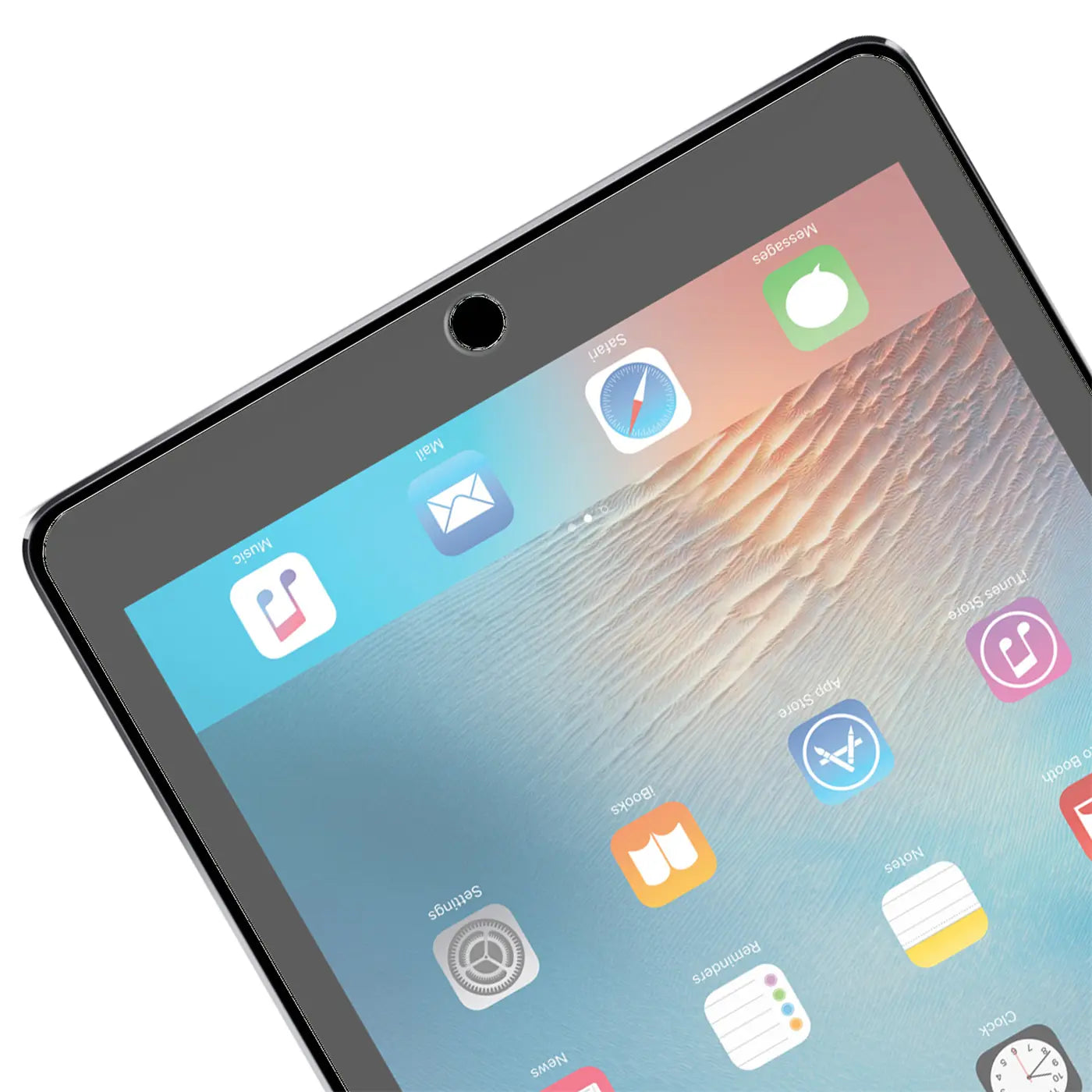 Nahaufnahme eines 10,5" iPad Pro mit schwarzem Rahmen und Panzerglas-Displayschutz, schräg von oben.
