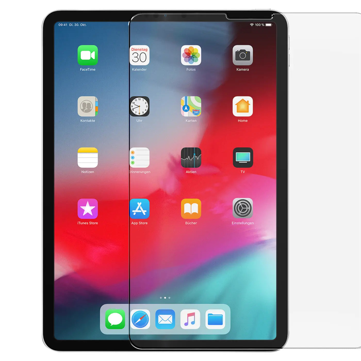Schwarzes 11" iPad Pro (1. Gen.) mit teilweise angebrachtem, transparentem Panzerglas-Displayschutz, schräg von vorne.