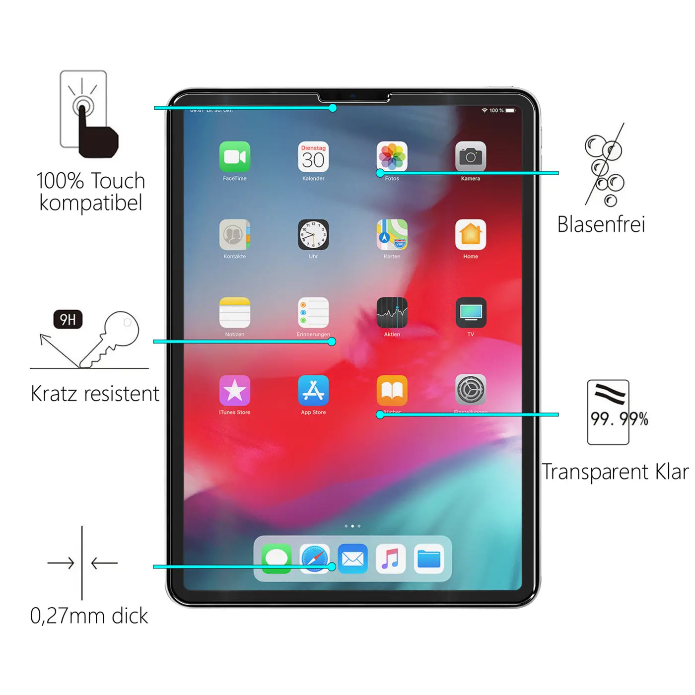 Schwarzes 11" iPad Pro mit farbigem Display, von vorne gesehen, mit transparentem Panzerglas-Displayschutz.