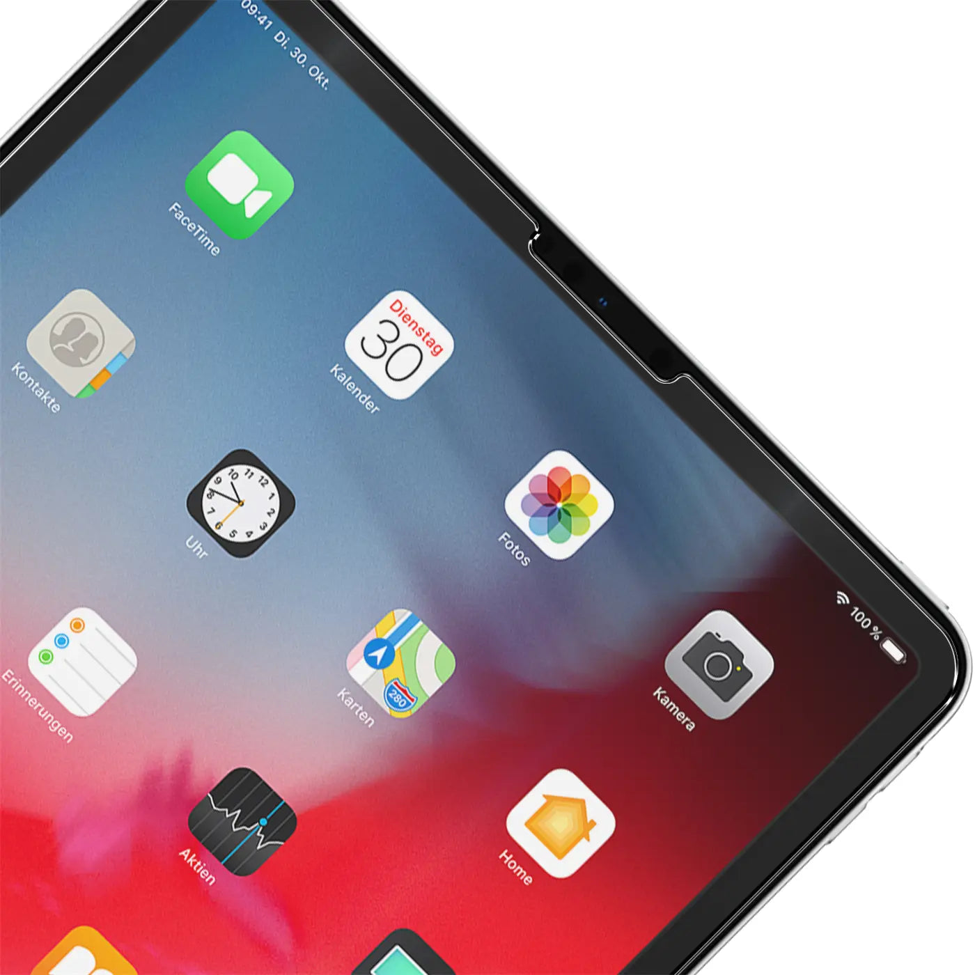 Nahaufnahme eines 11" iPad Pro (1. Gen.) mit transparentem Panzerglas-Displayschutz, schräg von oben.