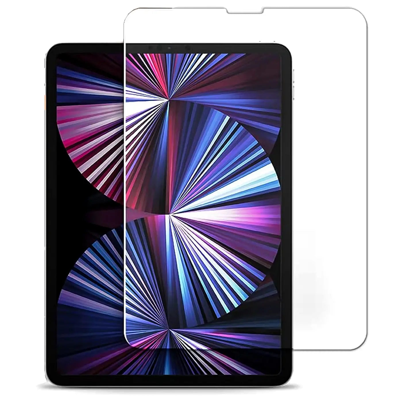 Klares Panzerglas für 11" iPad Pro (2. Gen.) Displayschutz, schräg von oben rechts auf schwarzem Tablet.