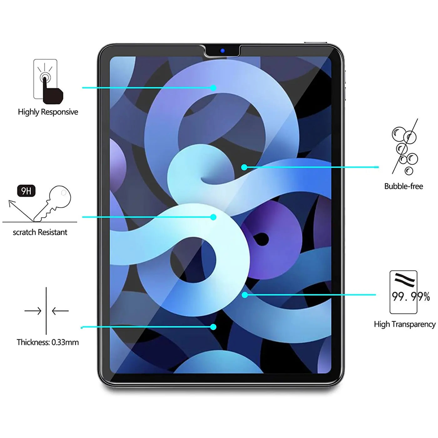 Frontansicht eines schwarzen 11" iPad Pro mit Panzerglas-Displayschutz und Infografiken zu dessen Eigenschaften.