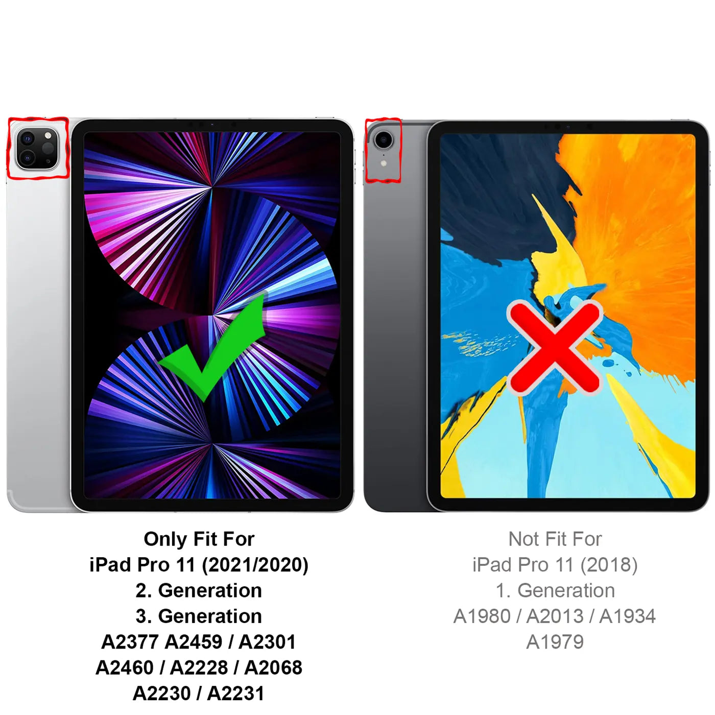 Zwei iPads (silber, grau) von hinten/vorne, mit Haken/Kreuz markiert. Zeigt Kompatibilität für 11" iPad Pro 2./3. Gen.
