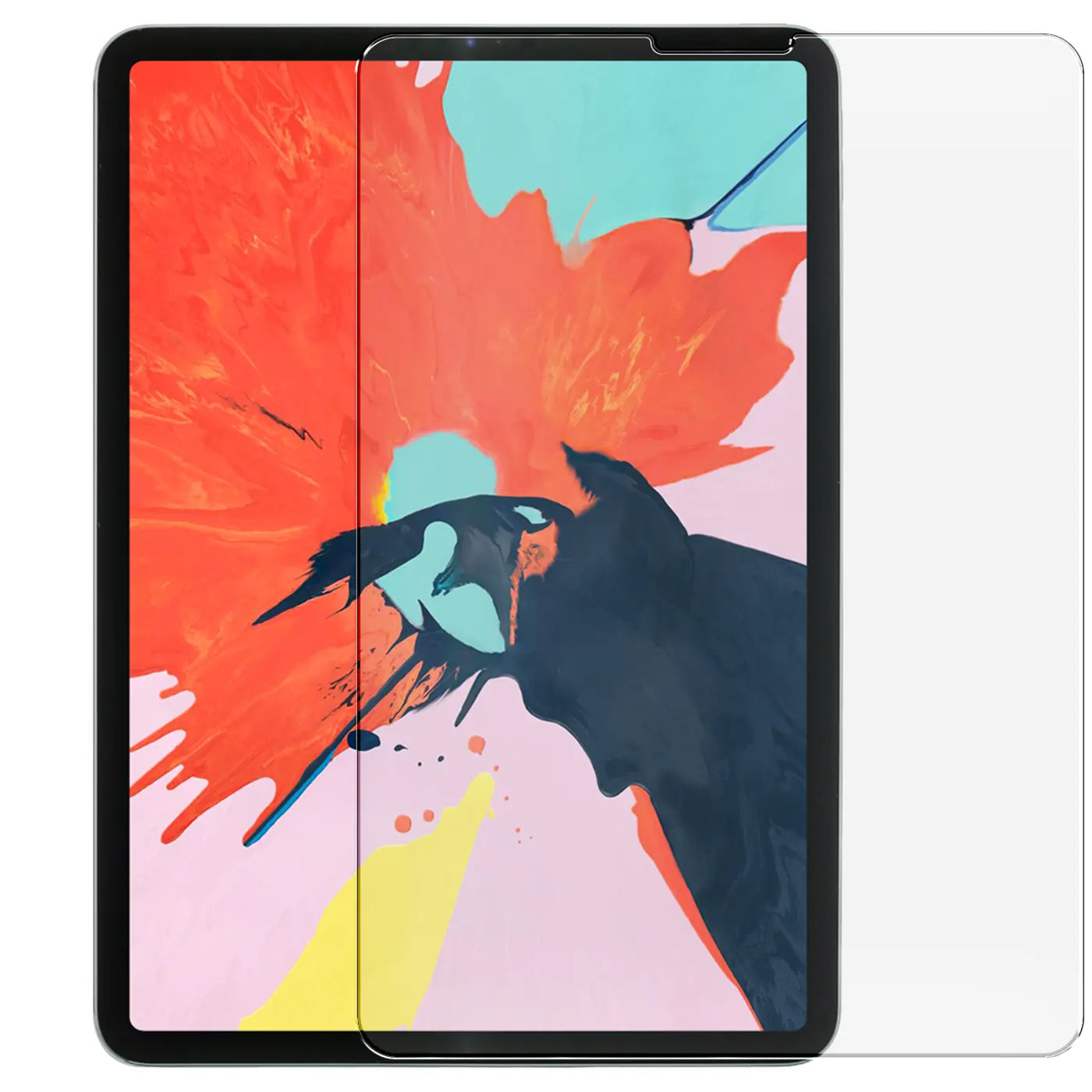 Transparentes Panzerglas für ein schwarzes iPad Pro (3.-5. Gen.) von schräg oben, halb auf dem Display liegend.