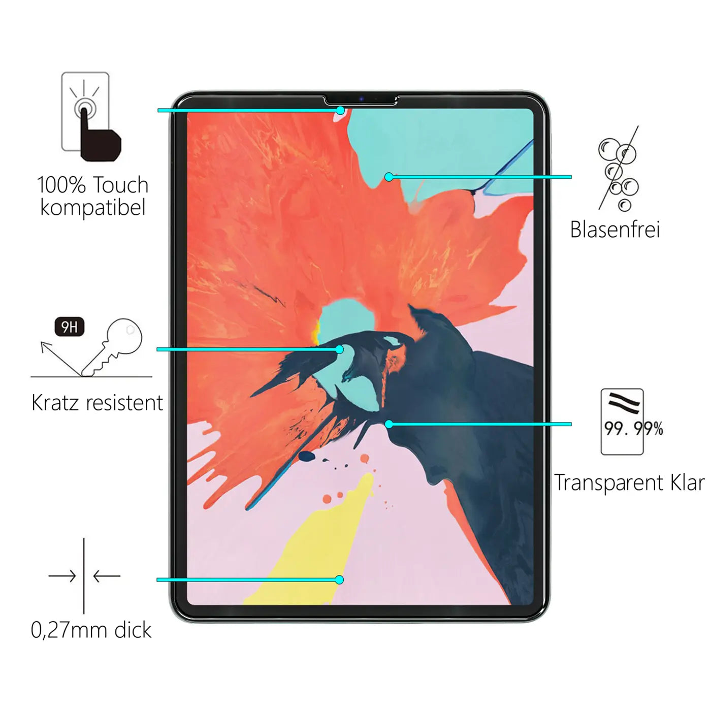 Transparentes Panzerglas auf einem schwarzen 12,9" iPad Pro (3.-5. Gen.) von vorne, mit bunten Spritzern als Hintergrund.