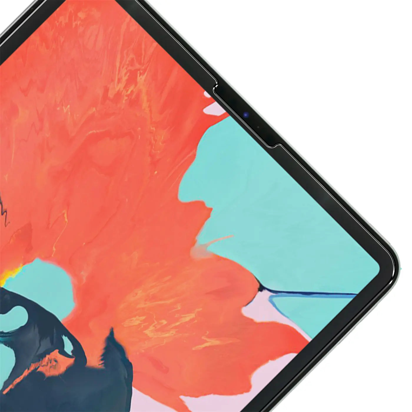 Nahaufnahme eines schwarzen iPad Pro (12,9") mit Panzerglas-Displayschutz, Blick von oben rechts auf das Display.