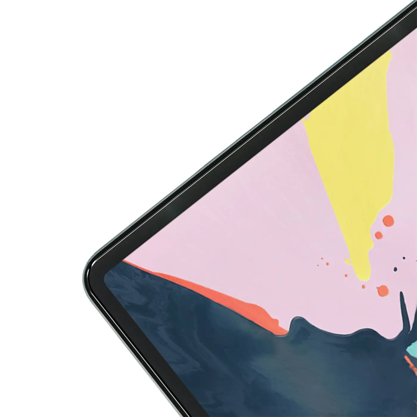 Schrägansicht des oberen rechten Bereichs eines 12,9" iPad Pro mit schwarzem Rahmen und farbigem Display.