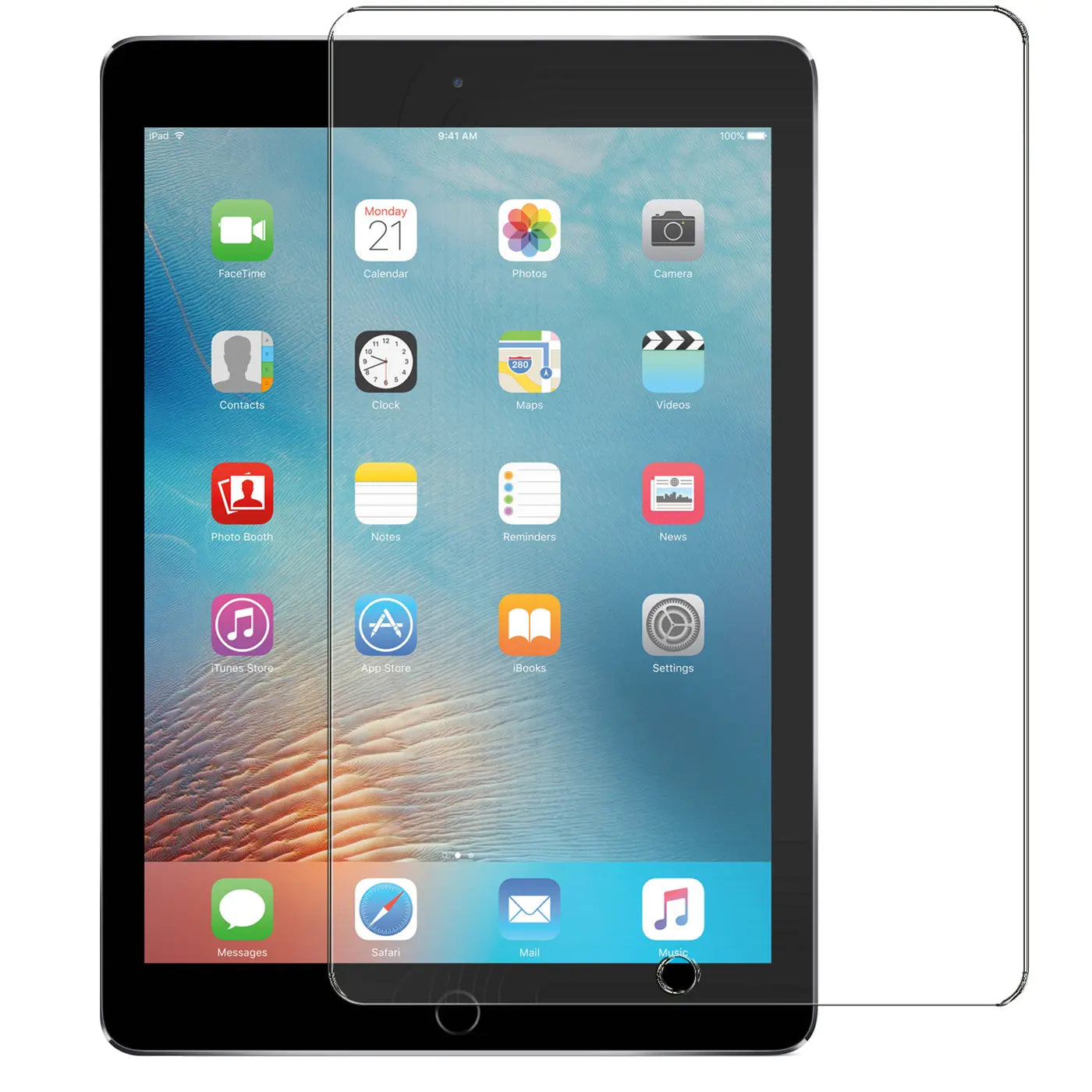 Schwarzes 9,7" iPad Pro mit transparentem Panzerglas-Displayschutz von vorne, leicht nach rechts versetzt.
