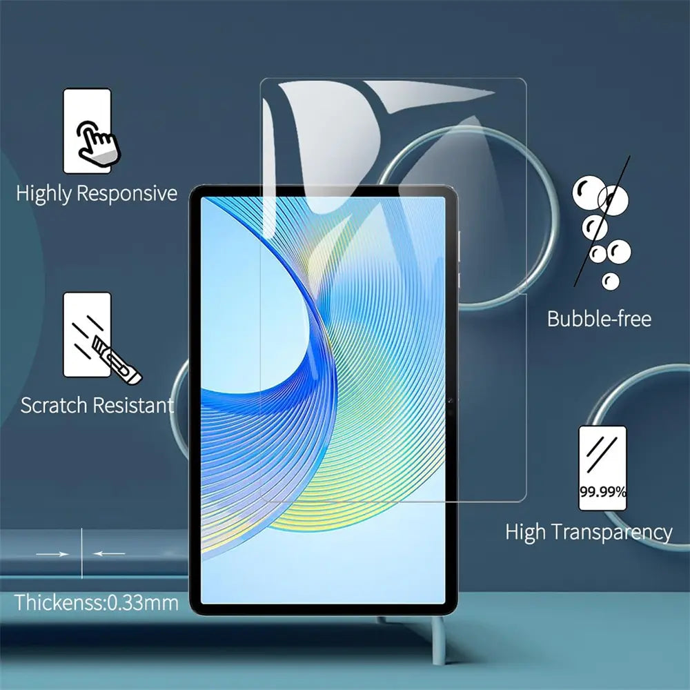 Transparente Displayschutzfolie aus Glas auf Honor Pad X9, von vorne.
