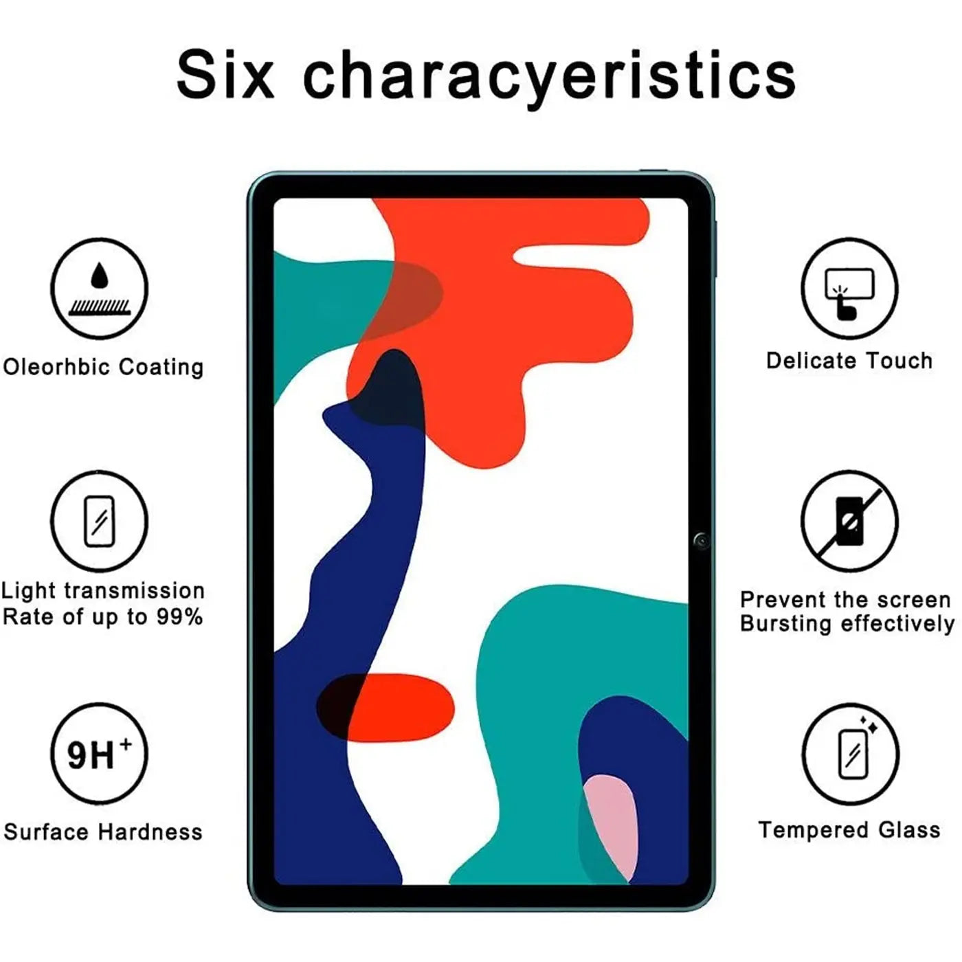 Huawei MatePad 10.4 mit Panzerglas-Displayschutz (9H), Frontansicht. Buntes abstraktes Muster auf dem Display.