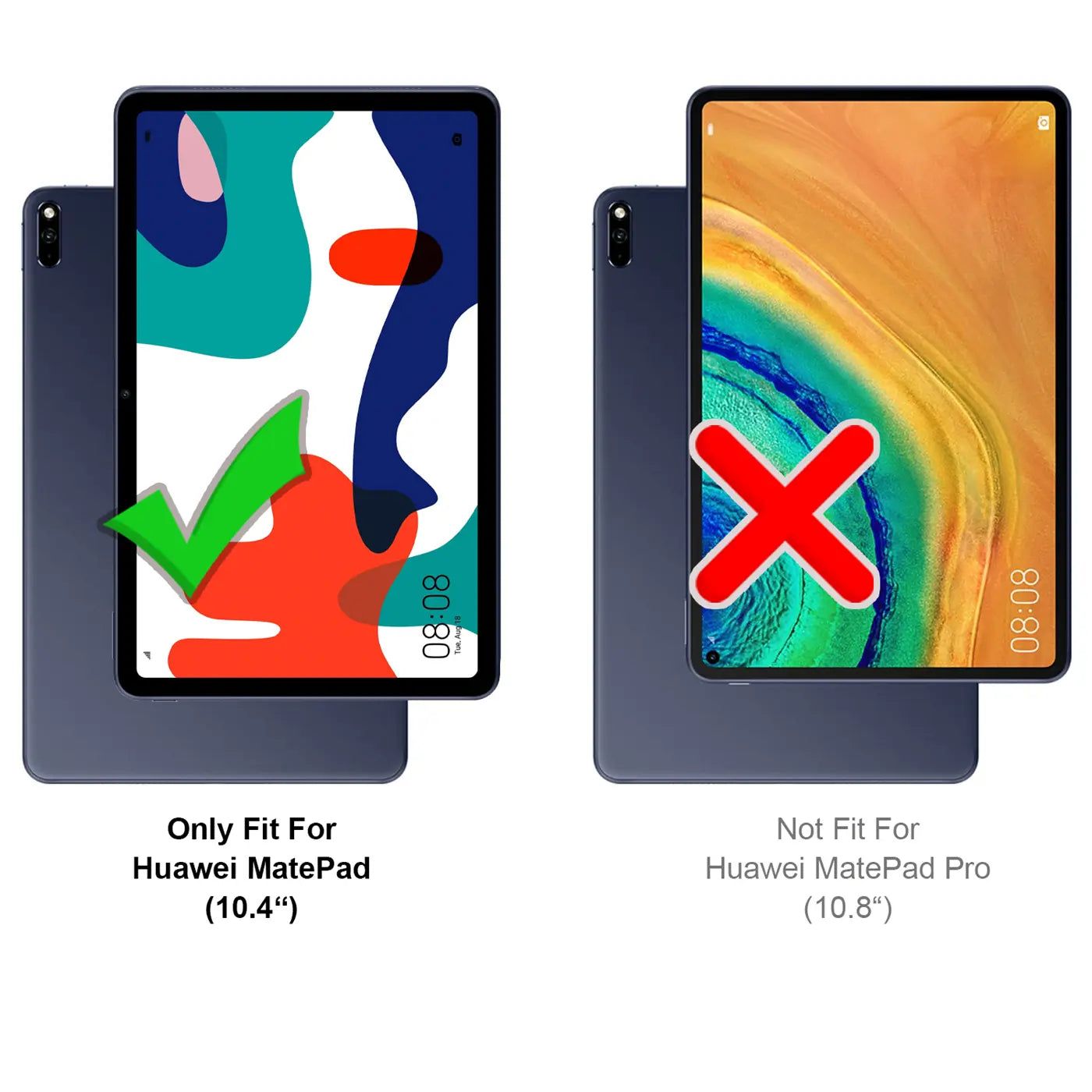 Zwei dunkelblaue Huawei MatePads (10.4") von oben, links mit grünem Haken, rechts mit rotem X.