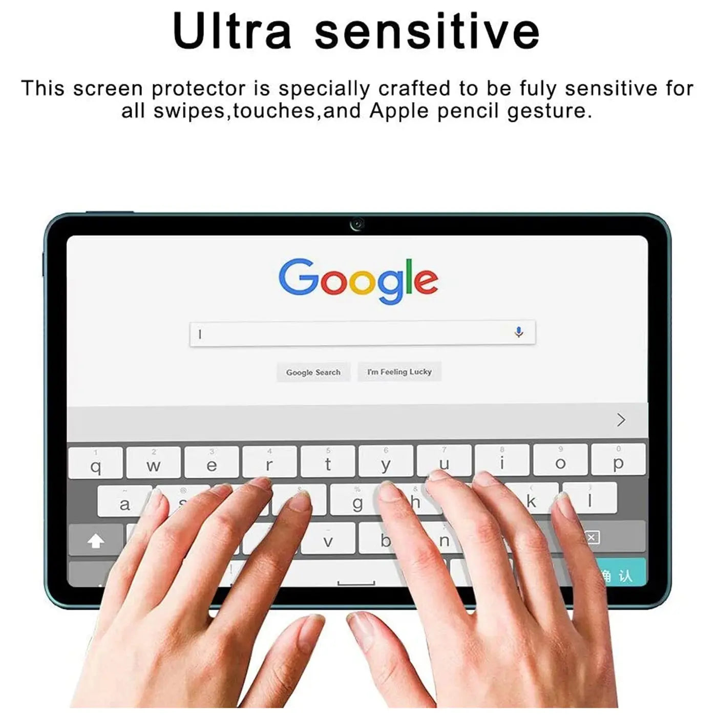 Huawei MatePad 10.4 mit Panzerglas-Displayschutz, von oben. Hände tippen auf der Google-Tastatur.