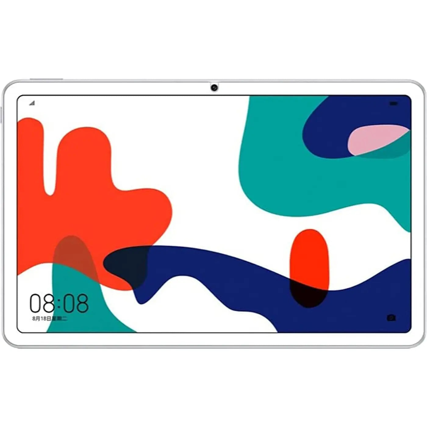 Weißes Huawei MatePad 10.4 Tablet, Frontansicht, Display mit bunten Formen und Uhrzeit 08:08.