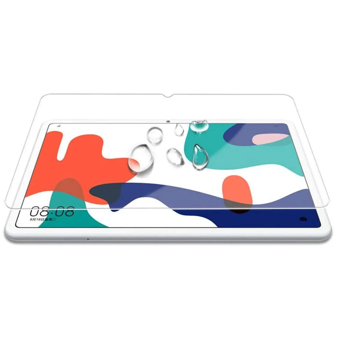 Transparentes Panzerglas auf einem Huawei MatePad 10.4 Tablet, mit Wassertropfen auf der Oberfläche, schräg von oben.