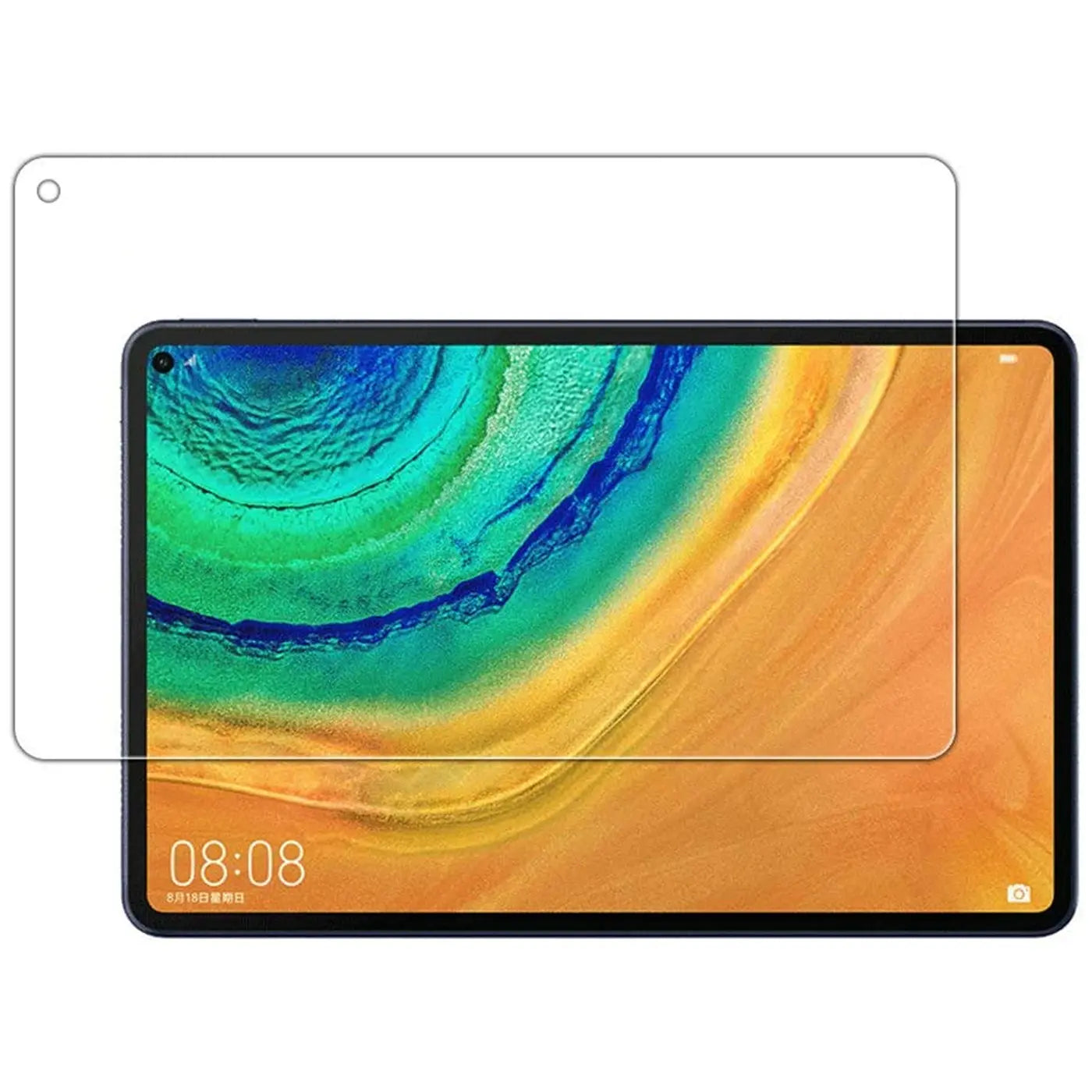 Transparenter Panzerglas Displayschutz mit Aussparung für Kamera, schräg über Huawei MatePad Pro 10.8 Tablet.