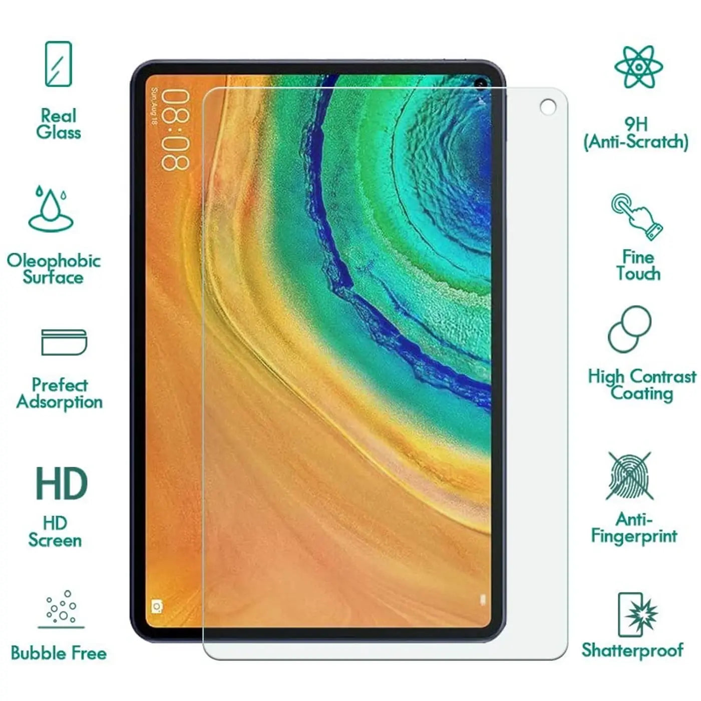 Transparentes Panzerglas für Huawei MatePad Pro 10.8, schräg von vorne, neben Tablet-Display liegend.