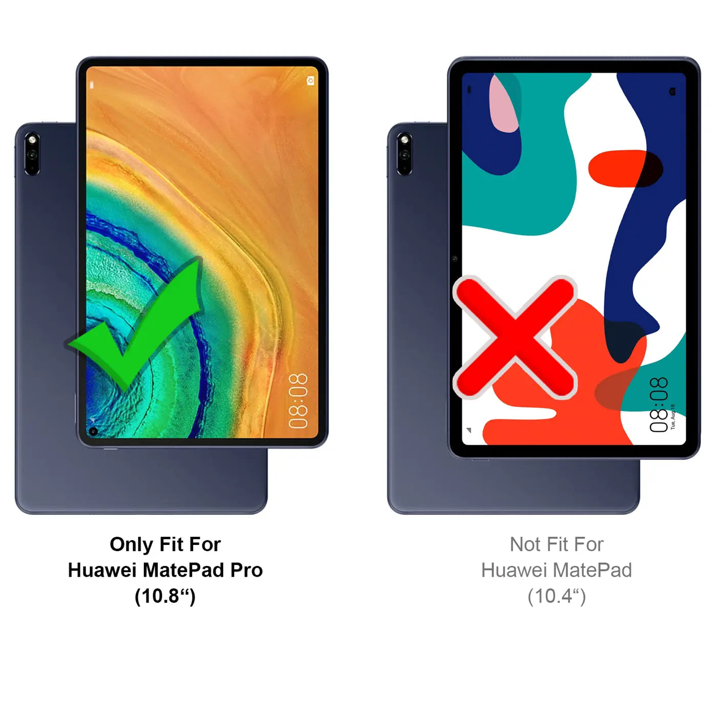 Zwei blaue Huawei MatePads (10.8" & 10.4") von oben. Links mit grünem Haken, rechts mit rotem X.