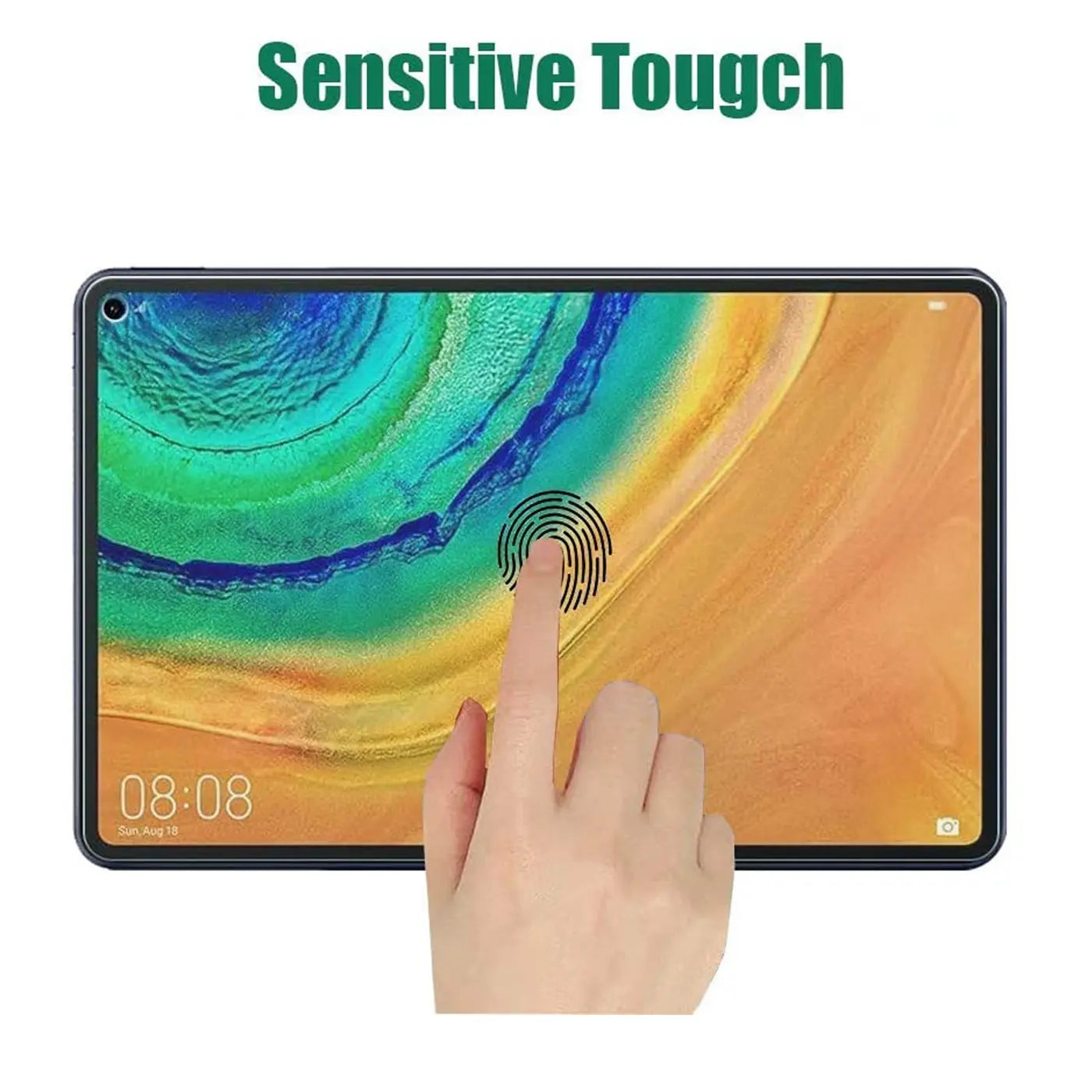 Huawei MatePad Pro 10.8 Tablet mit Panzerglas Displayschutz. Eine Hand tippt auf den Bildschirm, Fingerabdruck-Symbol.