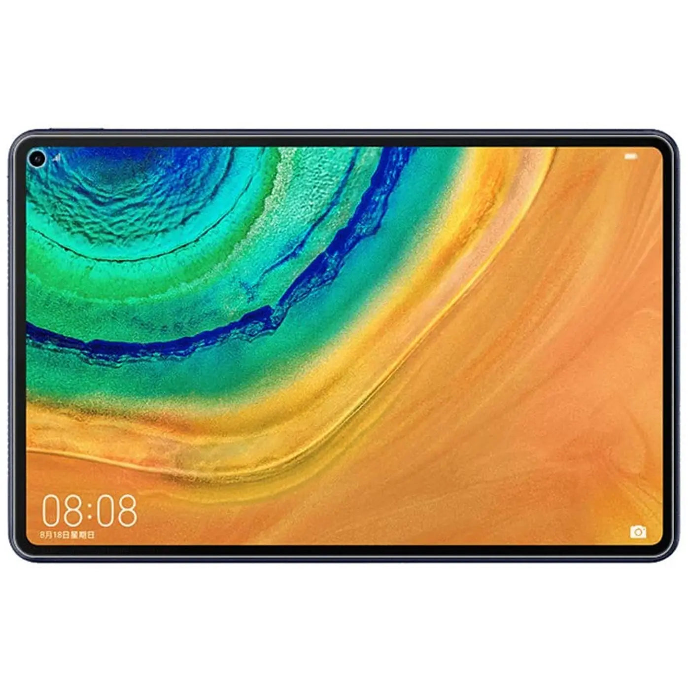 Dunkelgraues Huawei MatePad Pro 10.8 Tablet, frontal auf weißem Hintergrund. Display mit farbigem Wallpaper und Uhrzeit.