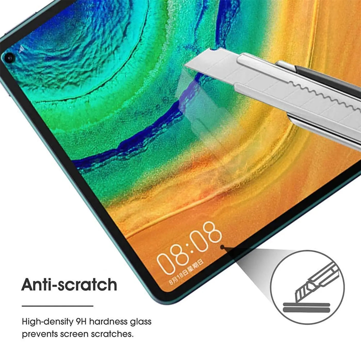 Silbernes Cuttermesser auf dem Display eines Huawei MatePad Pro 10.8, das Kratzfestigkeit demonstriert.