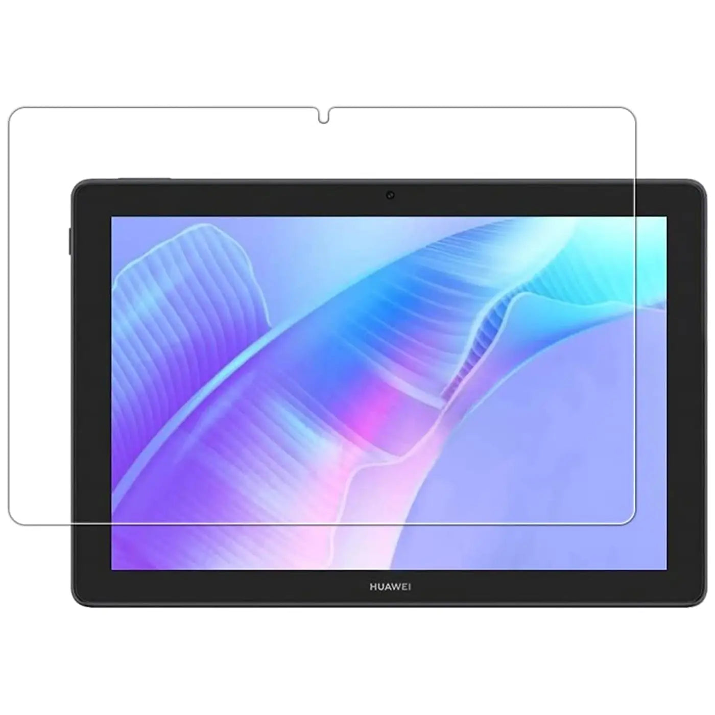 Transparentes Panzerglas für Huawei MatePad T 10 / T 10S, schräg über dem Tablet platziert, Vorderansicht.