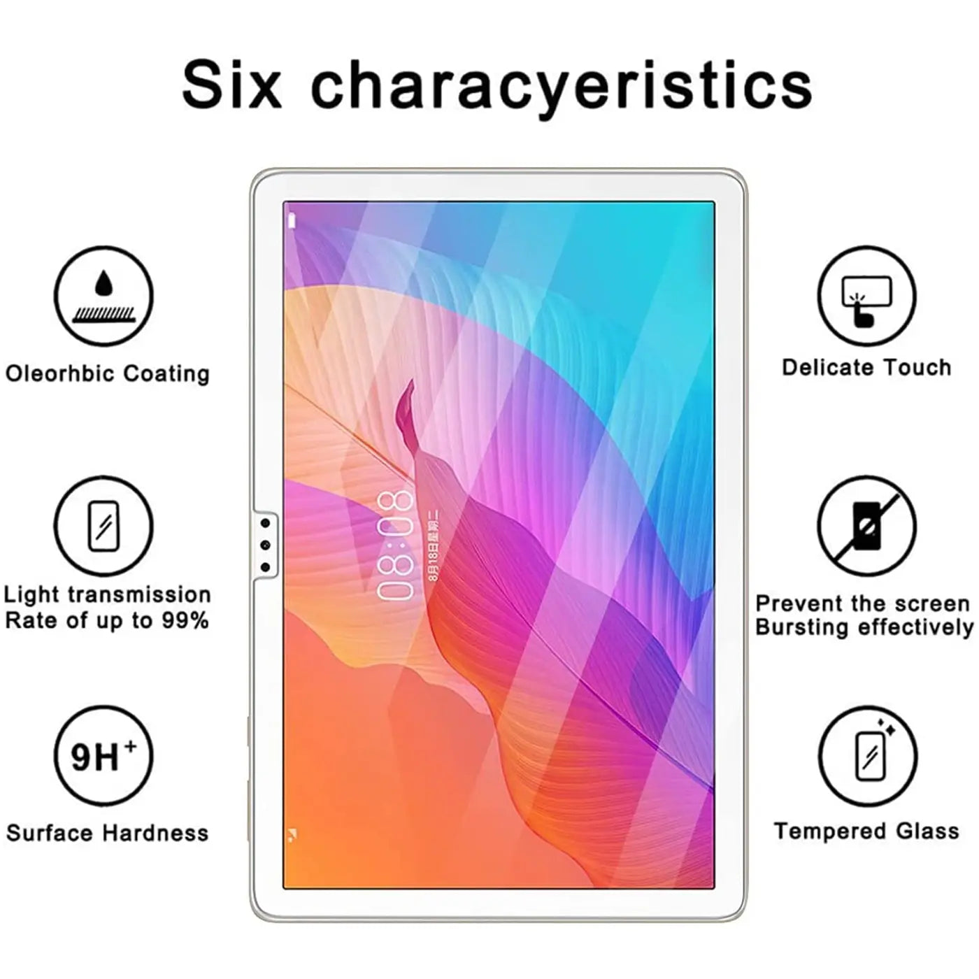 Weißes Huawei MatePad T 10/T 10S Tablet mit buntem Display, von vorne, umgeben von 6 schwarzen Icons.