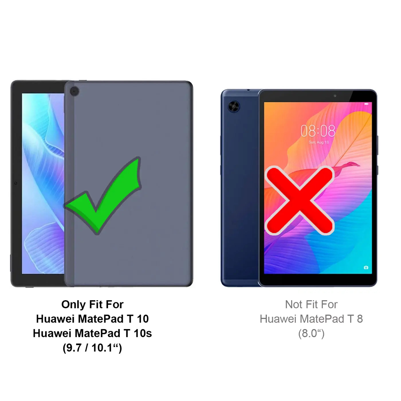 Zwei Tablets (Huawei MatePad T 10/T 10s und MatePad T 8) von vorne/hinten, mit grünem Haken/rotem X.