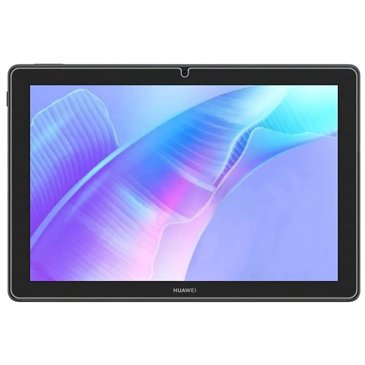 Schwarzes Huawei MatePad T 10/T 10S Tablet von vorne mit Display und Aussparung für Kamera, auf weißem Hintergrund.