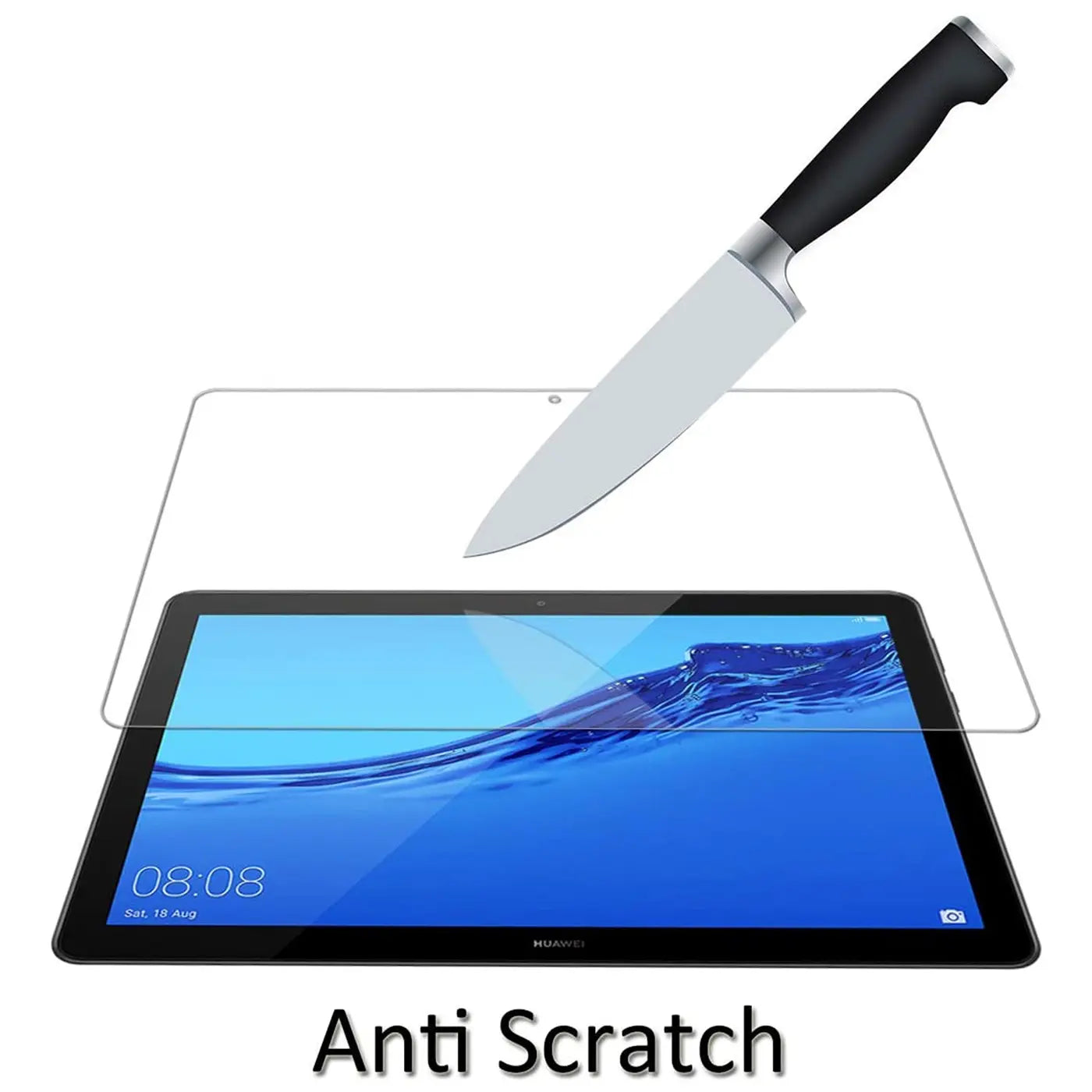 Transparenter Panzerglas-Displayschutz über einem schwarzen Huawei MatePad T 10/T 10S Tablet, darüber ein Messer.