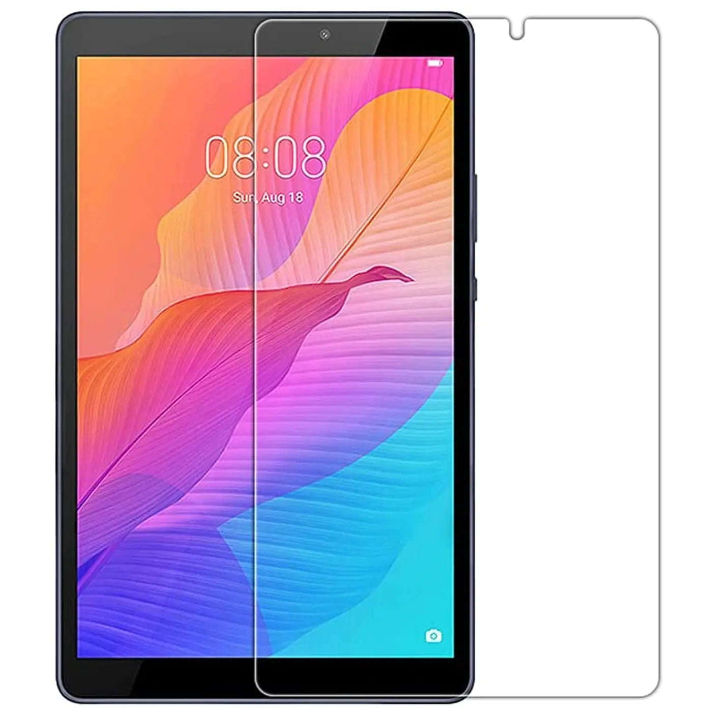 Klares Panzerglas für Huawei MatePad T8, halb auf dem Display liegend, von vorne gesehen.