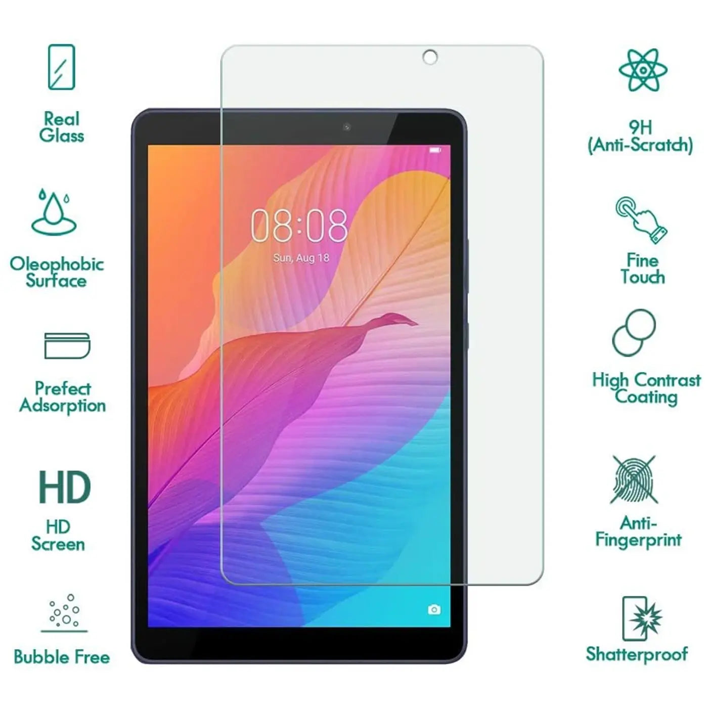 Transparenter Panzerglas-Displayschutz für Huawei MatePad T8, leicht schräg über dem Tablet liegend.