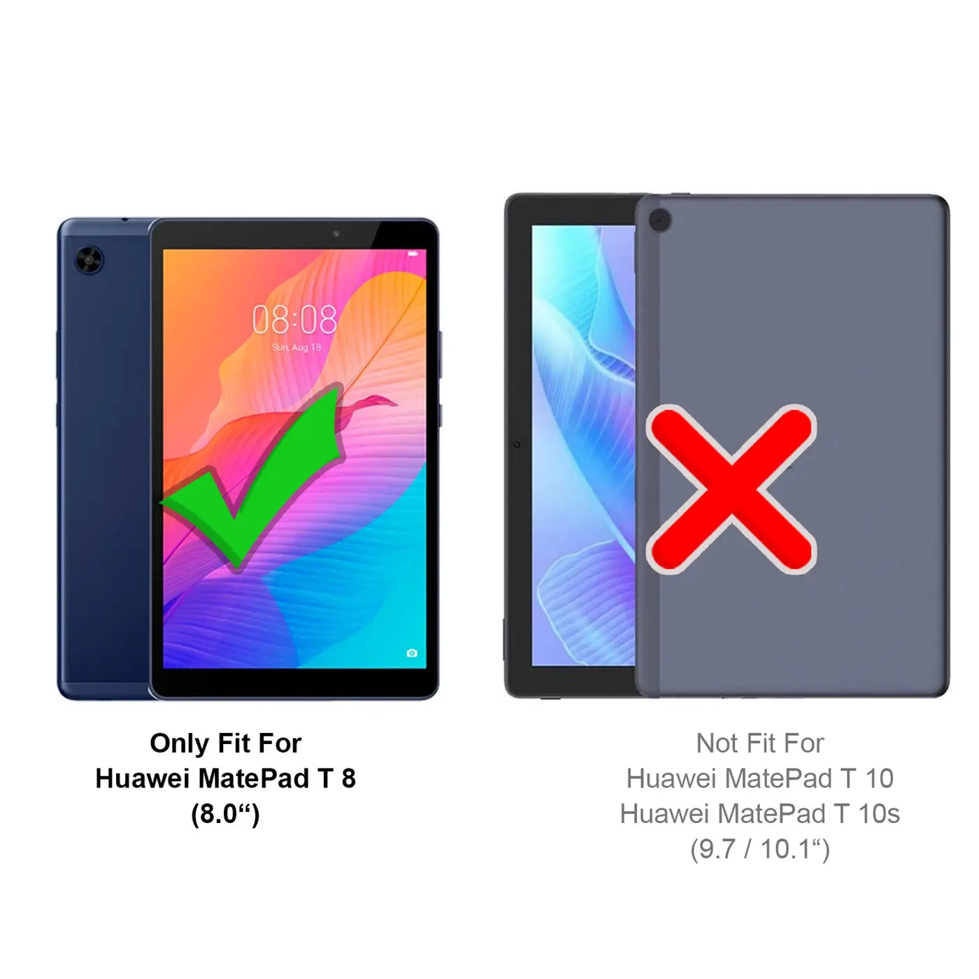 Blaues Huawei MatePad T8 Tablet, Vorder- und Rückseite, mit grünem Haken. Rechts ein anderes Tablet mit rotem X.