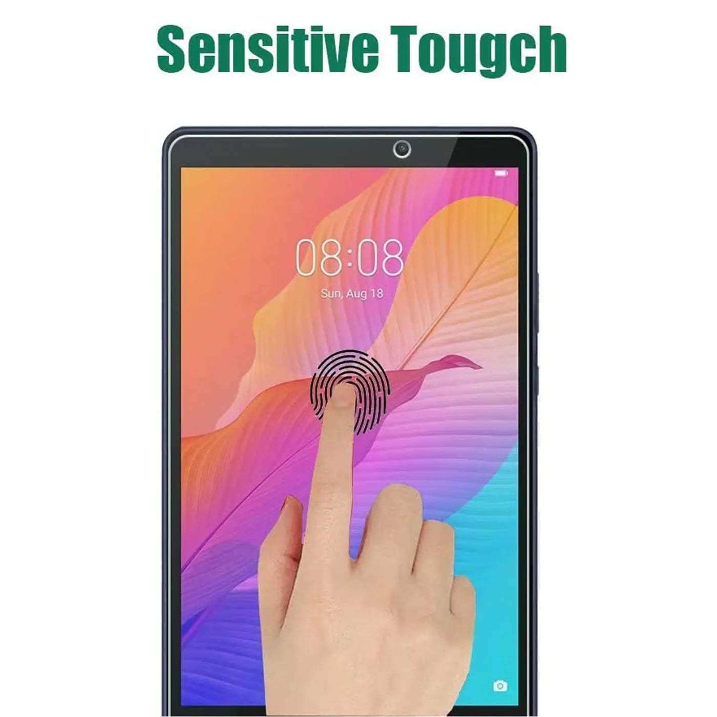 Schwarzes Huawei MatePad T8 Tablet, frontal, mit einem Finger, der einen Fingerabdruck auf dem Display berührt.