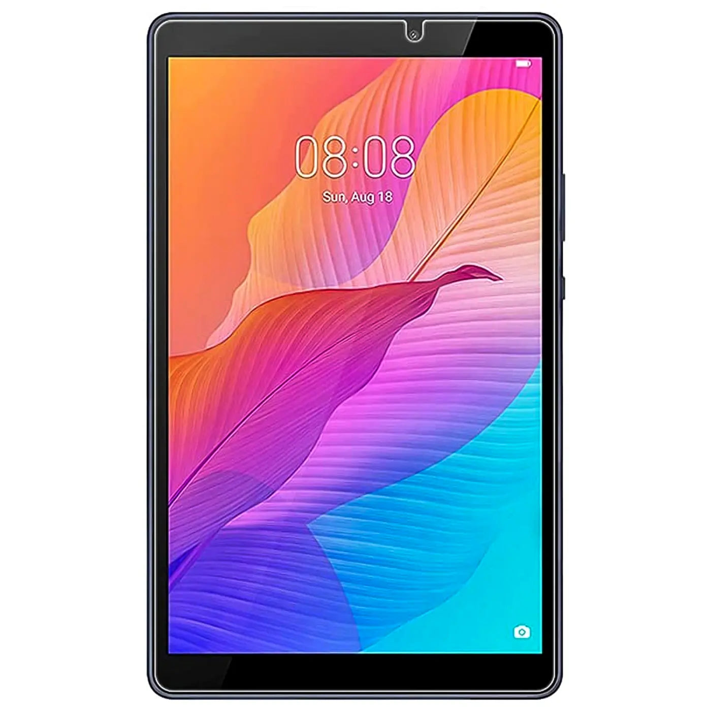 Huawei MatePad T8 Tablet, Frontansicht, mit Panzerglas-Displayschutz. Schwarzer Rahmen, bunte Display-Anzeige.