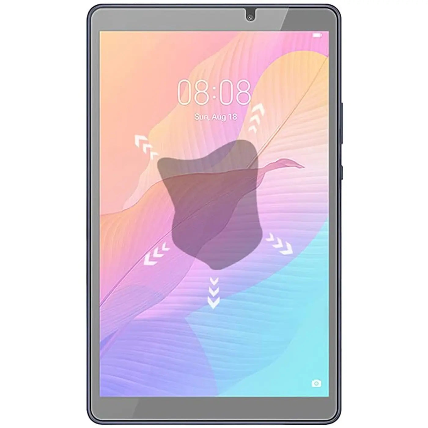 Huawei MatePad T8 Tablet mit Panzerglas-Displayschutz, von vorne. Dunkle Flecken und Pfeile zeigen die Anbringung.