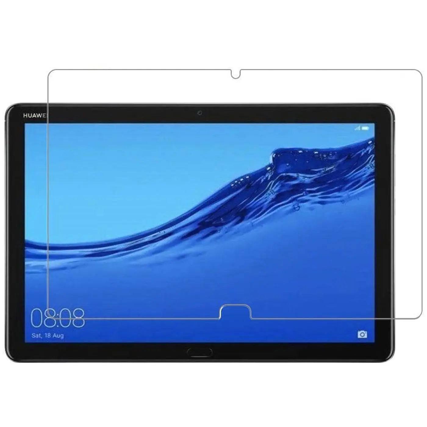 Klares Panzerglas für Huawei Mediapad M5 Lite, von vorne auf schwarzem Tablet mit blauem Display-Hintergrund.
