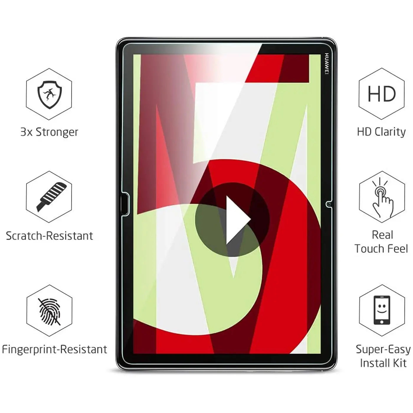 Huawei MediaPad M5 Lite mit transparentem Panzerglas-Displayschutz, frontal von oben. Rote und grüne Grafik auf Display.