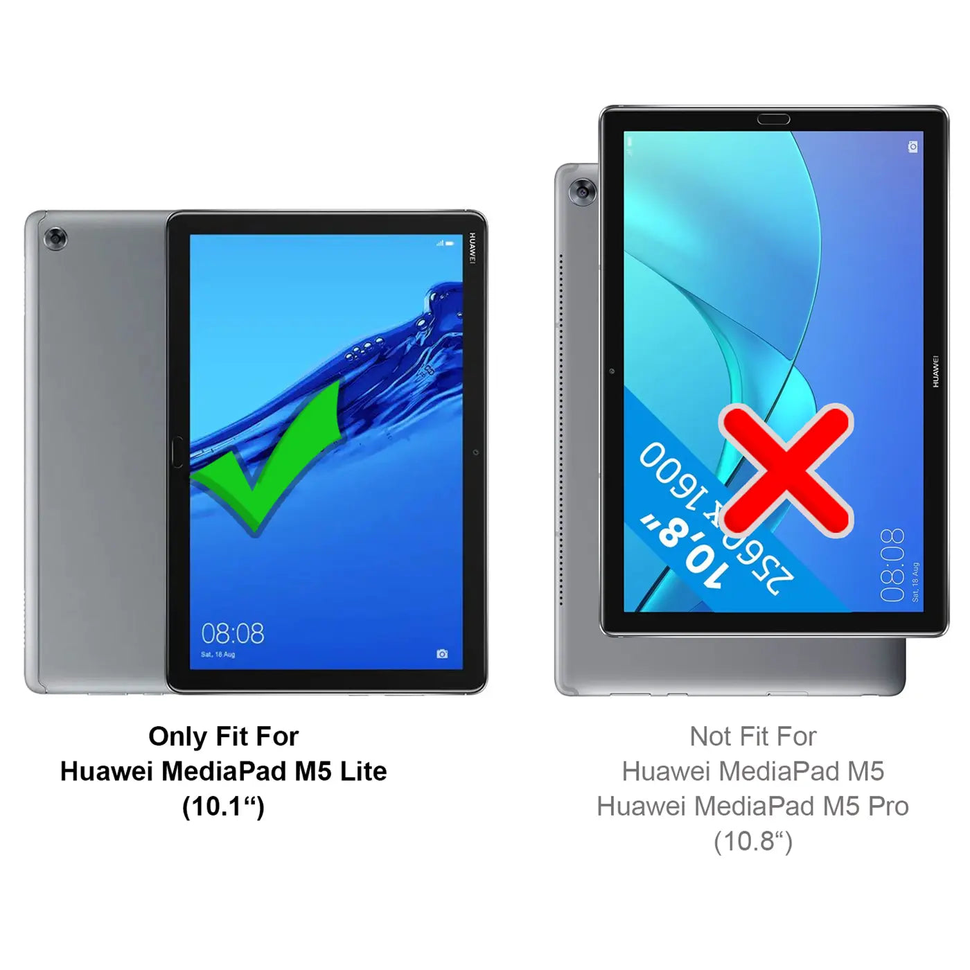 Zwei silberne Huawei MediaPads von hinten und vorne. Links mit grünem Haken (M5 Lite), rechts mit rotem X (M5/M5 Pro).