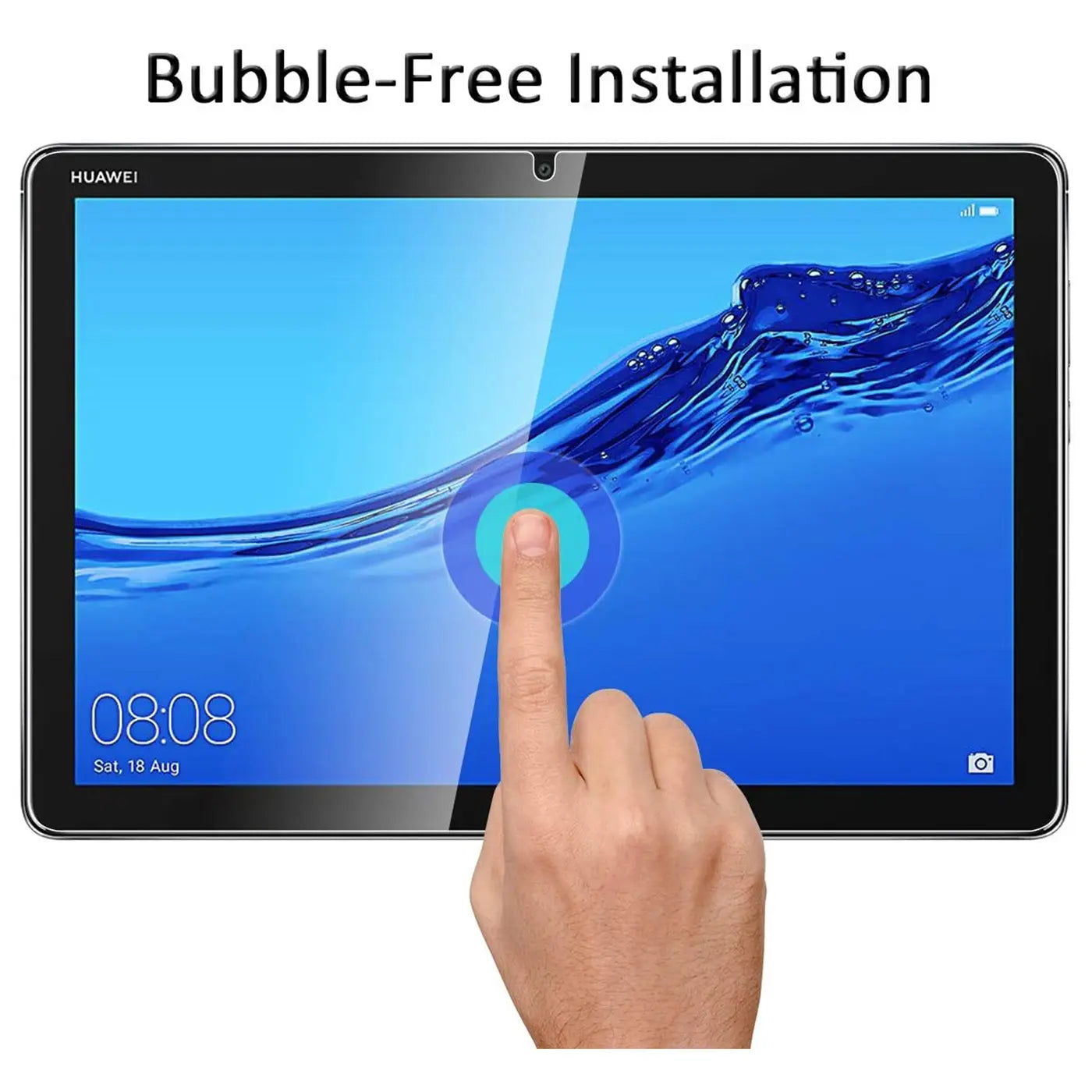 Silbernes Huawei Mediapad M5 Lite Tablet mit schwarzem Rahmen, von vorne. Ein Finger berührt das Display.