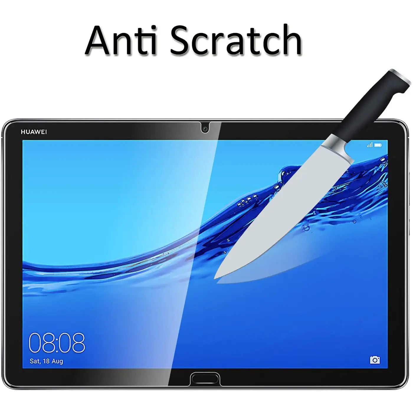 Silbernes Küchenmesser auf dem Display eines schwarzen Huawei Mediapad M5 Lite Tablets, "Anti Scratch" Text oben.