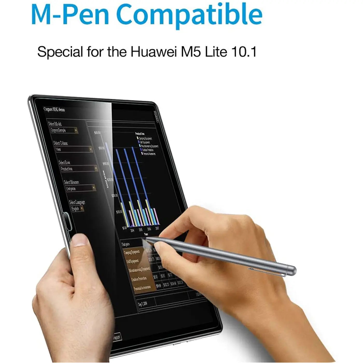 Hände halten ein schwarzes Huawei Mediapad M5 Lite Tablet mit Panzerglas, eine Hand bedient es mit einem silbernen Stift.
