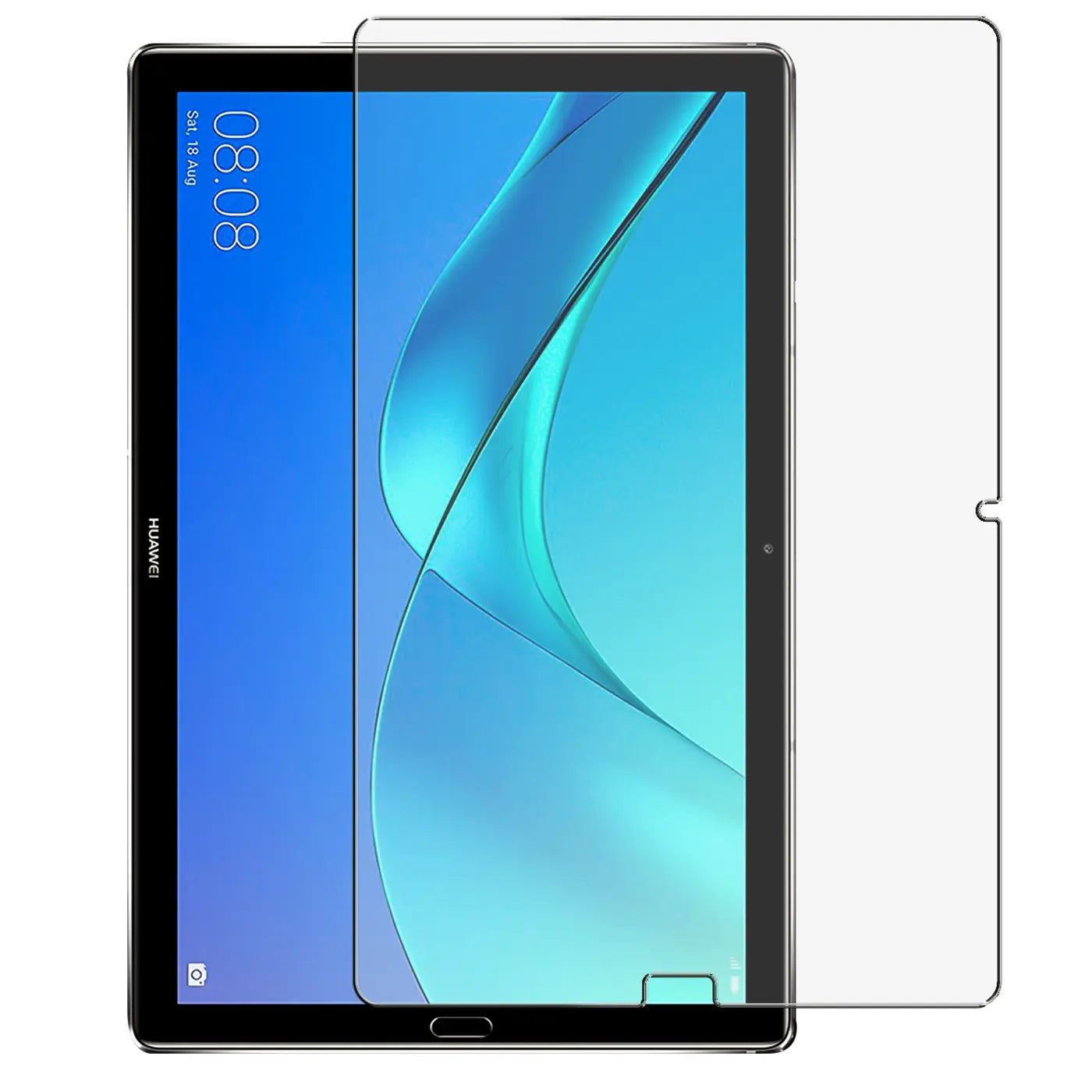 Huawei Mediapad M5/M5 Pro 10.8 Tablet, schwarz, schräg von vorne, mit transparentem Panzerglas-Displayschutz.