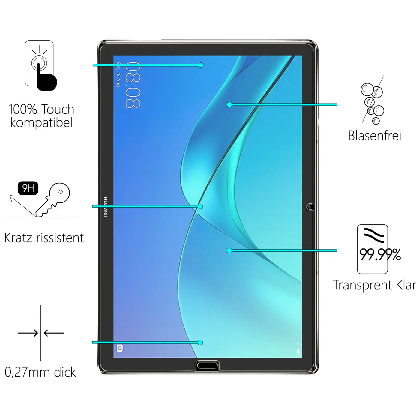 Huawei Mediapad M5/M5 Pro 10.8 mit transparentem Panzerglas-Displayschutz, Frontansicht, weißer Hintergrund.