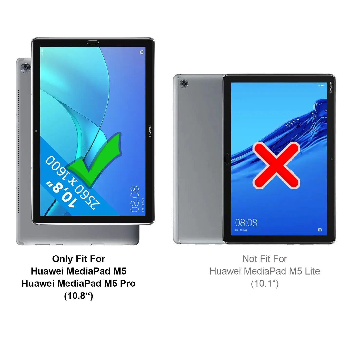 Zwei silberne Huawei MediaPads von hinten und vorne. Links mit grünem Haken, rechts mit rotem X.